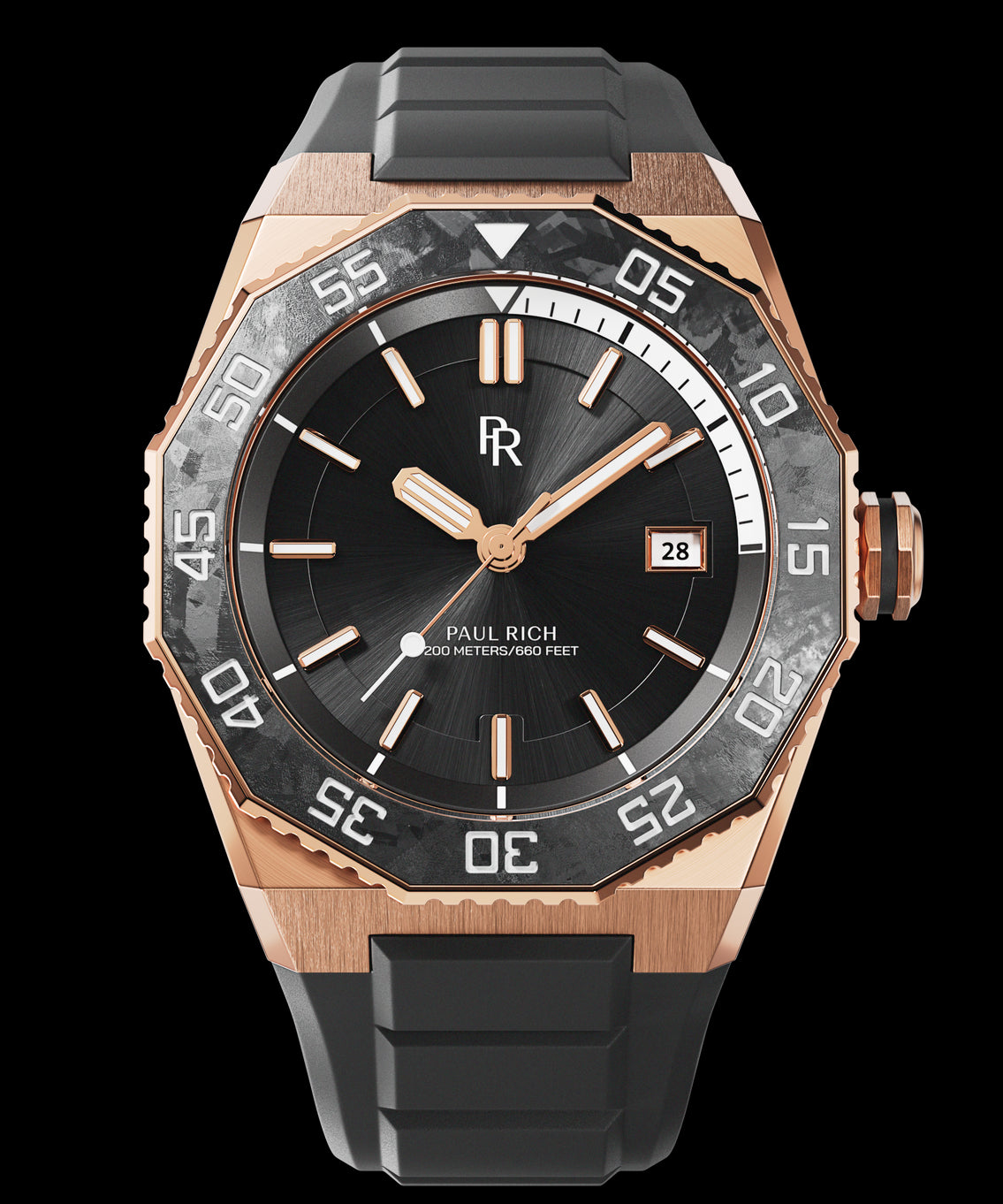 Front view of a Paul Rich dive watch with black sunray dial, rose gold case, white dive timer, and forged carbon bezel. Front view of a Paul Rich dive watch with black sunray dial, rose gold case, white dive timer, and forged carbon bezel.