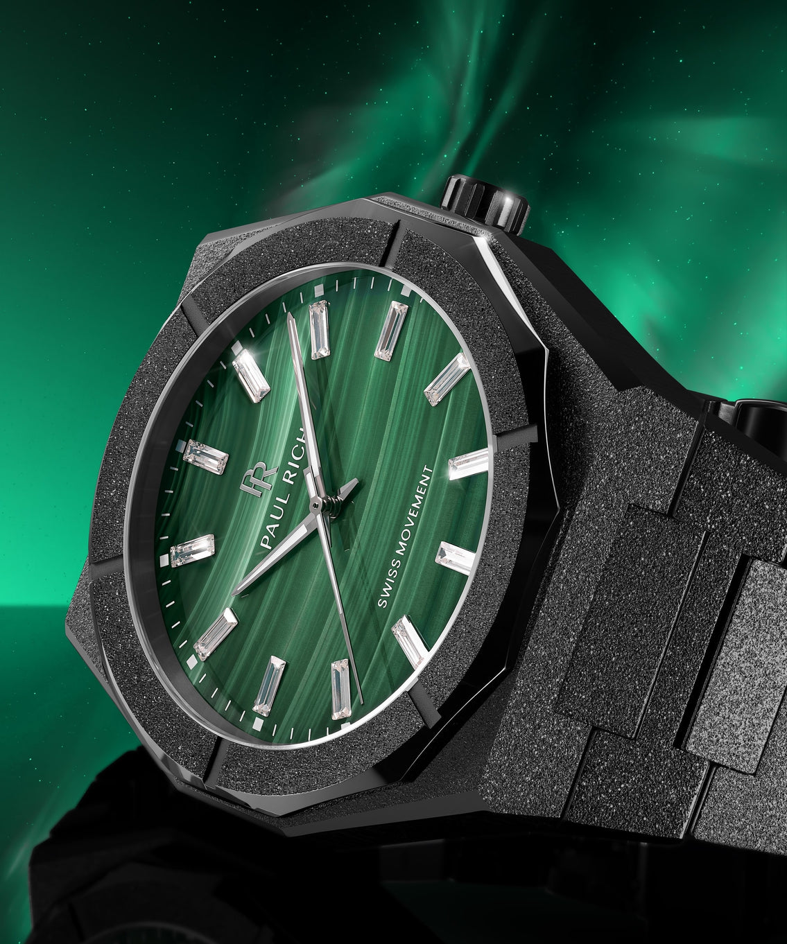 Frosted Star Dust II Malachite Aurora Black, close view of the green malachite dial in the frosted black case Frosted Star Dust II Malachite Aurora Black, close view of the green malachite dial in the frosted black case