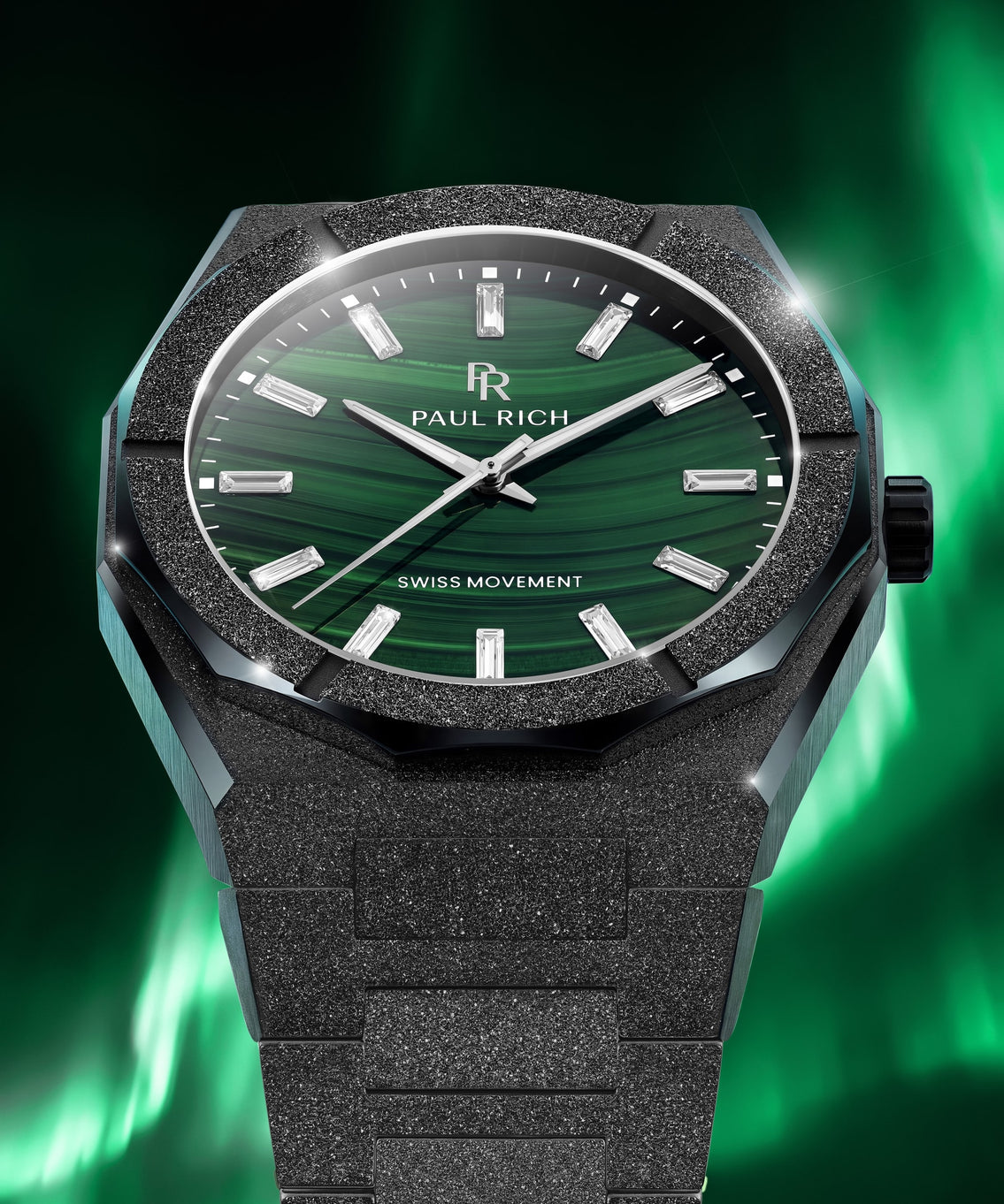 Frosted Star Dust II Malachite Aurora Black, front view of the green malachite dial under the northern lights Frosted Star Dust II Malachite Aurora Black, front view of the green malachite dial under the northern lights