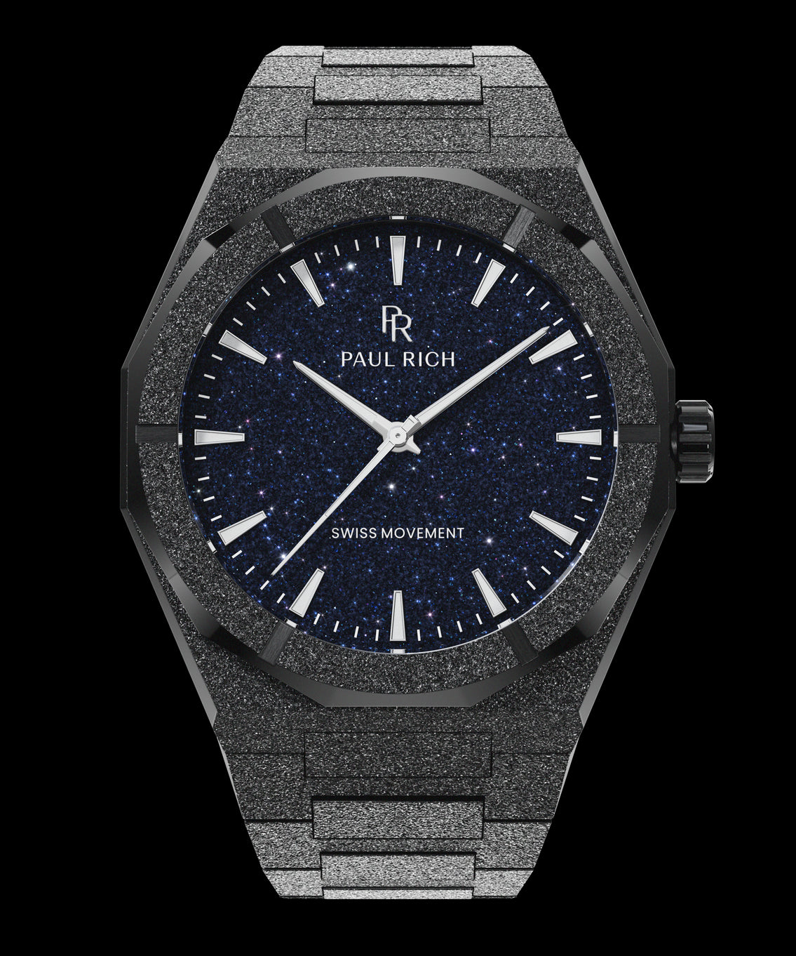 Black frosted Paul Rich watch with deep blue aventurine dial, silver hands and markers, Swiss Movement text at bottom center. Black frosted Paul Rich watch with deep blue aventurine dial, silver hands and markers, Swiss Movement text at bottom center.