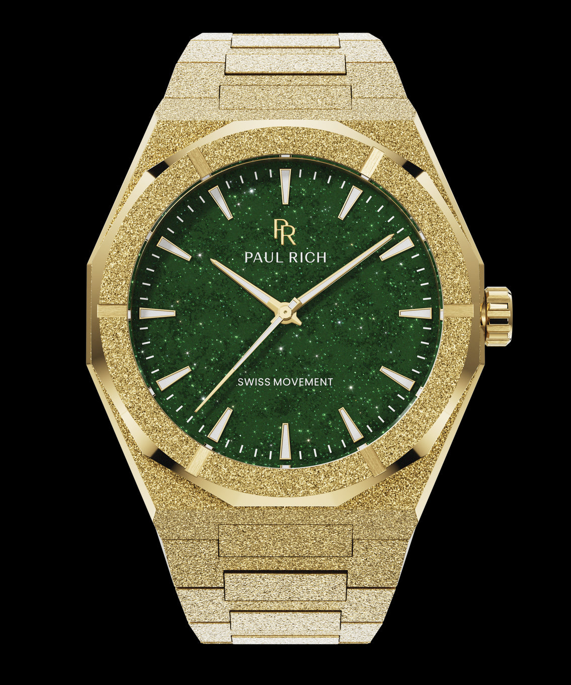Gold frosted watch with green aventurine dial, polished gold hands and markers, Swiss movement, shown on transparent background. Gold frosted watch with green aventurine dial, polished gold hands and markers, Swiss movement, shown on transparent background.