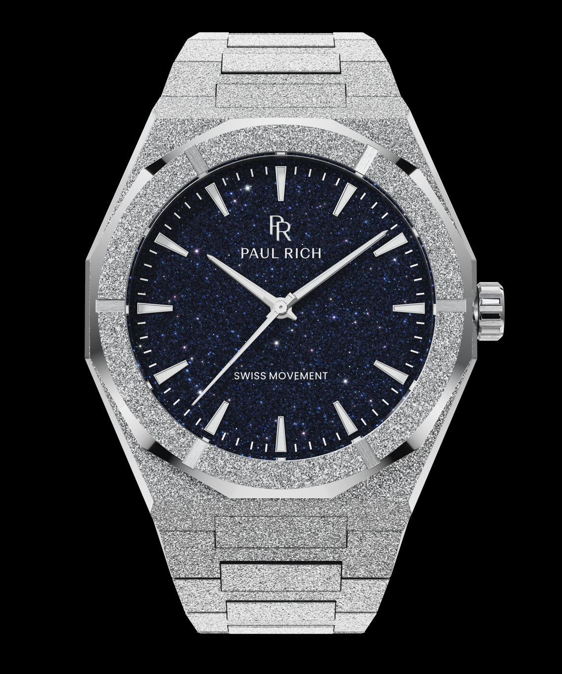 Silver frosted Paul Rich watch with deep blue aventurine dial, silver markers and hands, and “Swiss Movement” text above 6 o’clock. Silver frosted Paul Rich watch with deep blue aventurine dial, silver markers and hands, and “Swiss Movement” text above 6 o’clock.