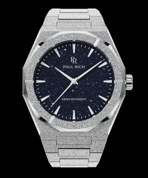 Frosted Star Dust II Silver Silver frosted Paul Rich watch with deep blue aventurine dial, silver markers and hands, and “Swiss Movement” text above 6 o’clock.