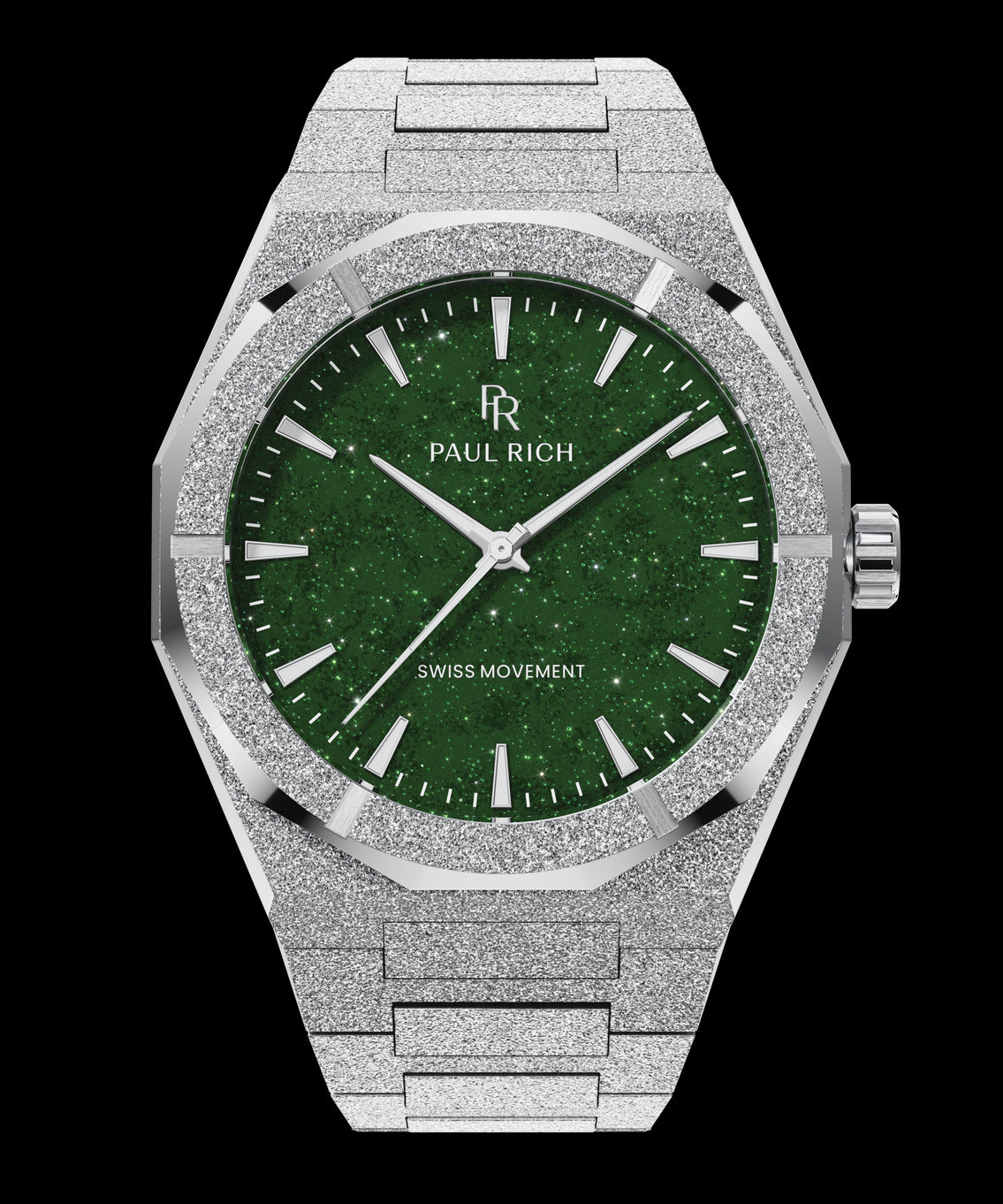 Silver frosted Paul Rich watch with green aventurine dial, silver markers and hands, labeled Swiss Movement, on transparent background. Silver frosted Paul Rich watch with green aventurine dial, silver markers and hands, labeled Swiss Movement, on transparent background.