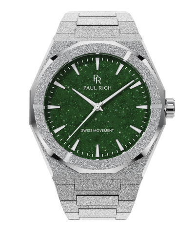 Frosted Star Dust II Silver Green Silver frosted Paul Rich watch with green aventurine dial, silver markers and hands, labeled Swiss Movement, on transparent background.