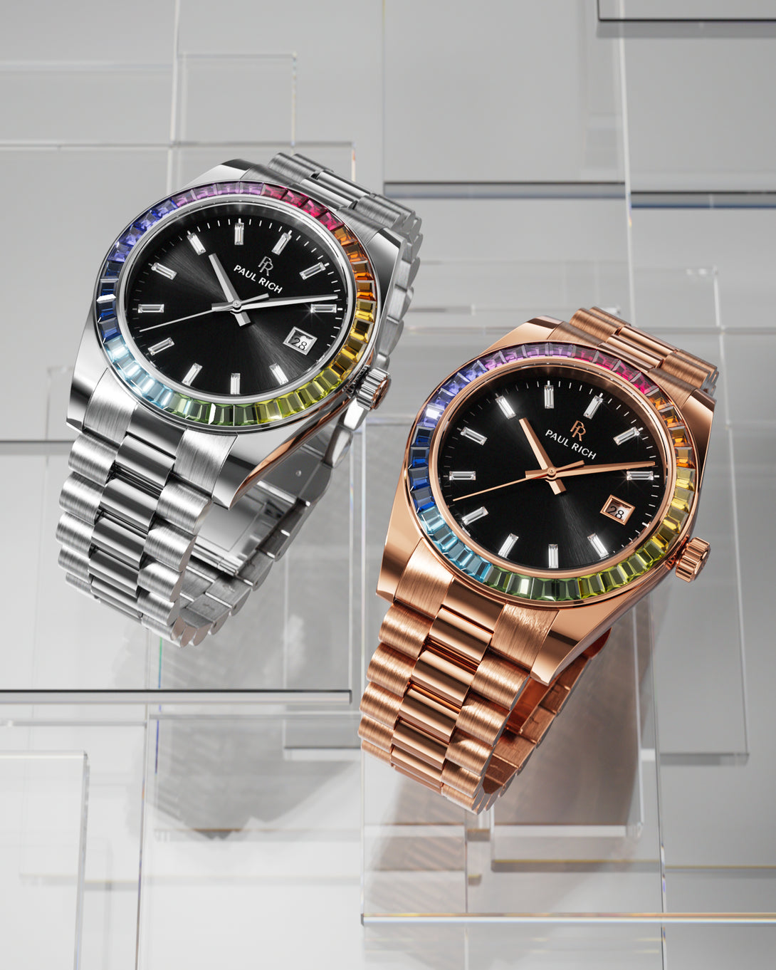 Silver and rose gold wristwatches with black dials and rainbow bezels displayed on a reflective geometric glass platform. Silver and rose gold wristwatches with black dials and rainbow bezels displayed on a reflective geometric glass platform.