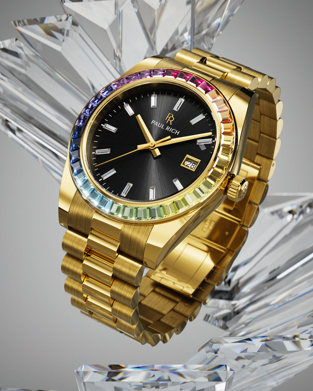 Gold wristwatch with a black sunburst dial, baguette hour markers, and rainbow bezel displayed upright on a multi-faceted clear crystal base. Gold wristwatch with a black sunburst dial, baguette hour markers, and rainbow bezel displayed upright on a multi-faceted clear crystal base.
