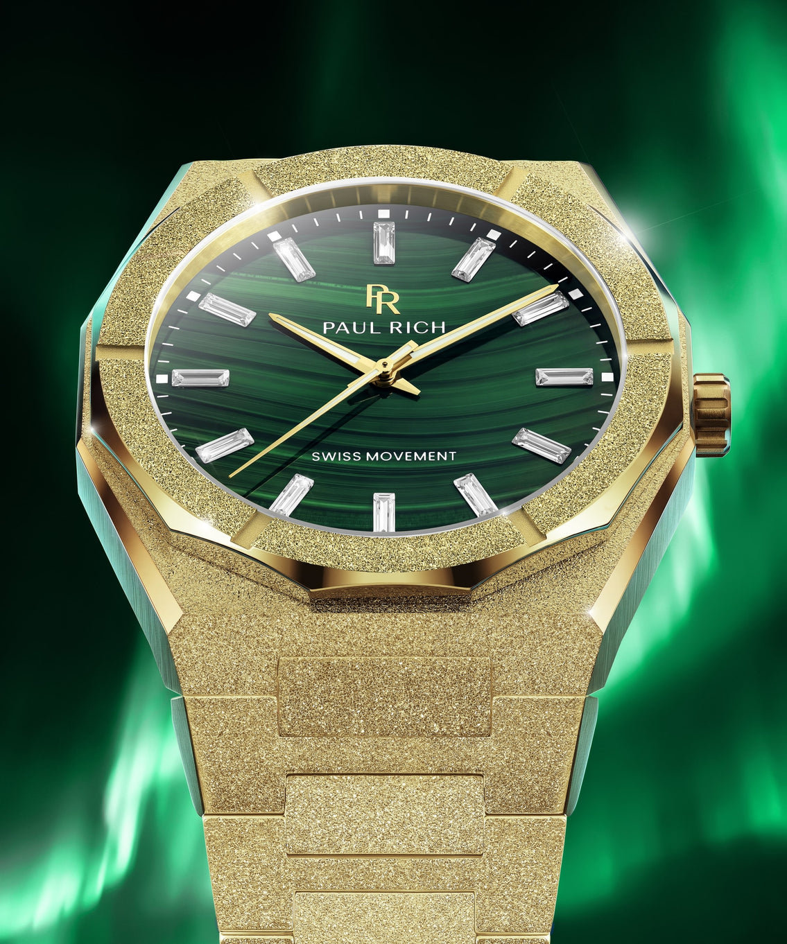 Frosted Star Dust II Malachite Aurora Gold, front view of the green malachite dial under the northern lights Frosted Star Dust II Malachite Aurora Gold, front view of the green malachite dial under the northern lights