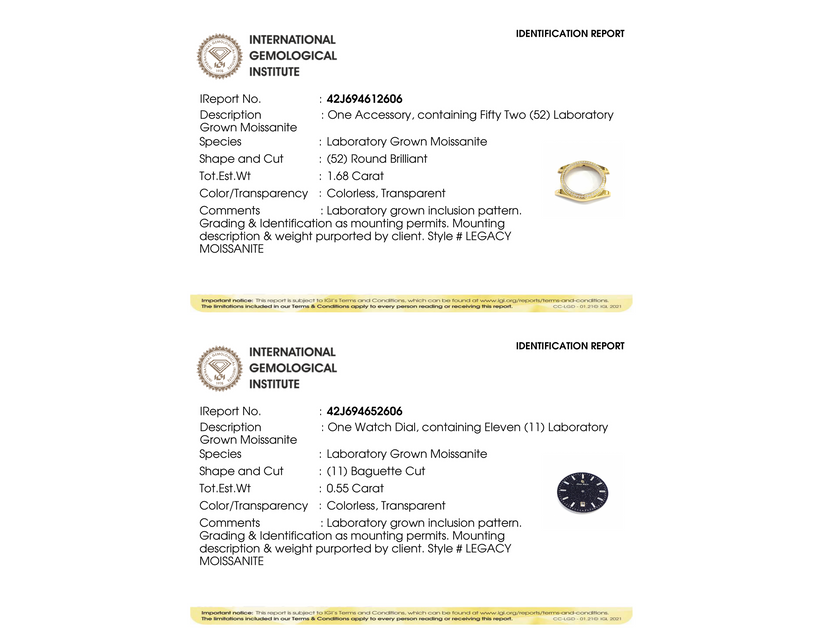 IGI grading reports for Moissanite Legacy Gold - Aventurine Blue: bezel (52 round-brilliant moissanite, 1.68 ct) and dial, both Colorless, Transparent. IGI grading reports for Moissanite Legacy Gold - Aventurine Blue: bezel (52 round-brilliant moissanite, 1.68 ct) and dial, both Colorless, Transparent.