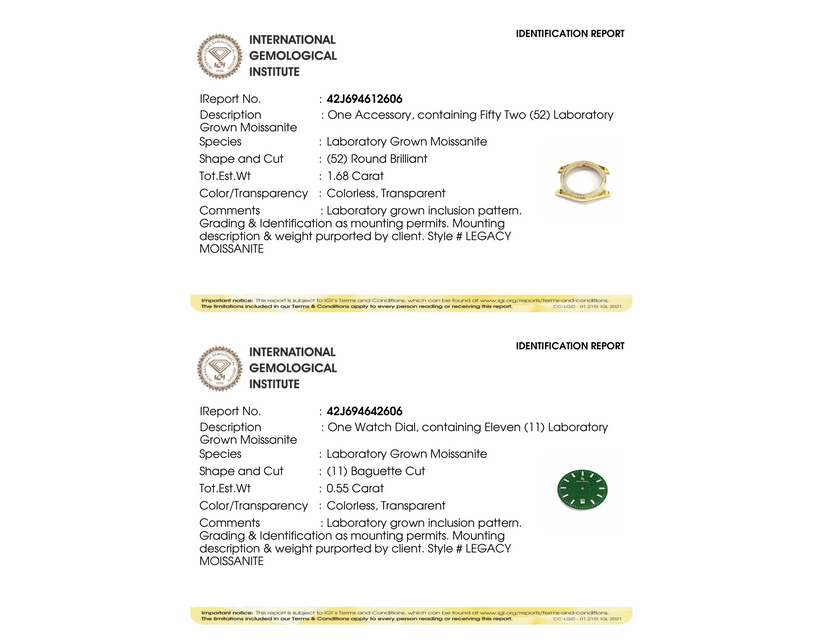 IGI grading reports for Moissanite Legacy Gold - Aventurine Green: bezel (52 round-brilliant moissanite, 1.68 ct) and dial, both Colorless, Transparent. IGI grading reports for Moissanite Legacy Gold - Aventurine Green: bezel (52 round-brilliant moissanite, 1.68 ct) and dial, both Colorless, Transparent.