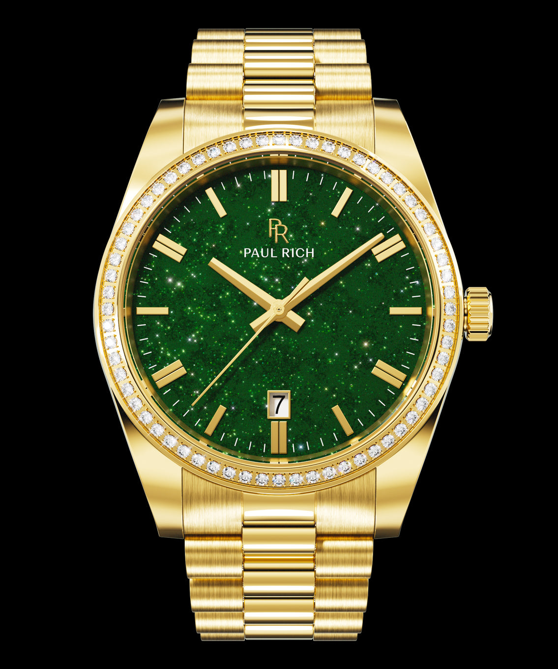 Front view of a gold-tone Paul Rich watch with a sparkling green aventurine dial, diamond-set bezel, gold hour markers and hands, and a gold link bracelet. Front view of a gold-tone Paul Rich watch with a sparkling green aventurine dial, diamond-set bezel, gold hour markers and hands, and a gold link bracelet.
