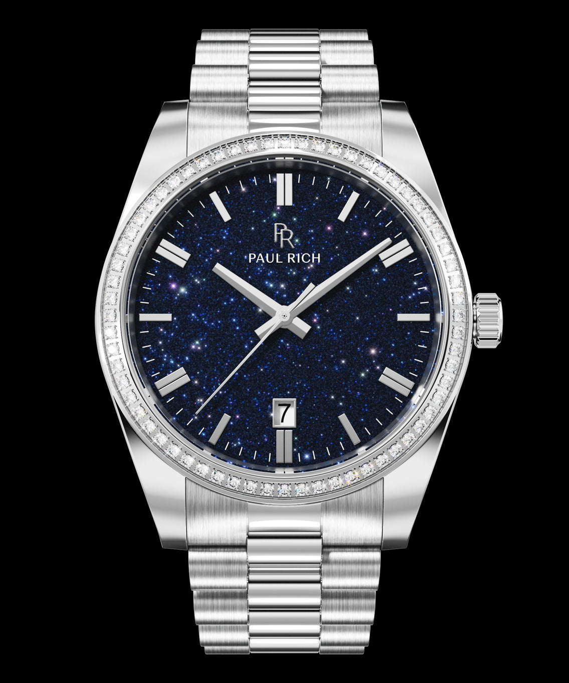 Silver watch with a blue aventurine dial, silver hour markers, date window at 6 o’clock, and crystal-set bezel. Silver watch with a blue aventurine dial, silver hour markers, date window at 6 o’clock, and crystal-set bezel.