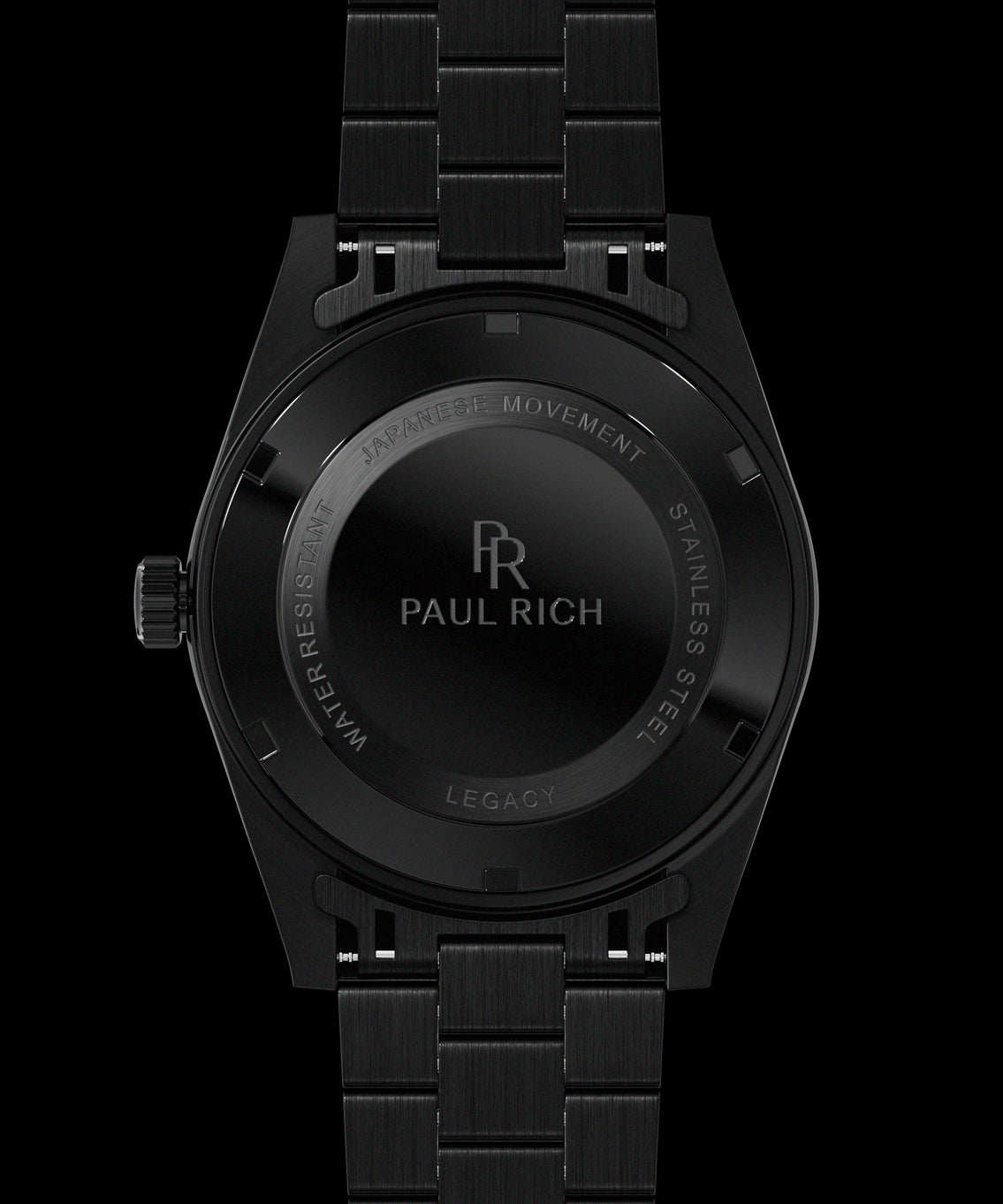 Back view of a black wristwatch with brushed stainless steel case back engraved with Paul Rich branding and product details. Back view of a black wristwatch with brushed stainless steel case back engraved with Paul Rich branding and product details.