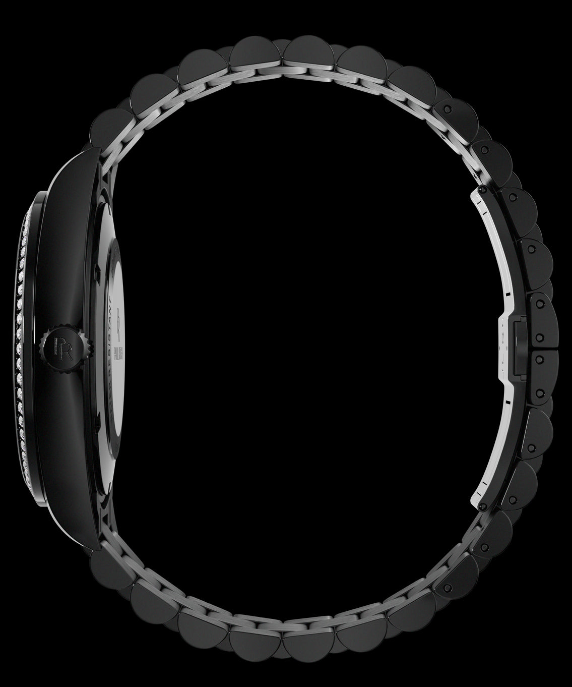 Side view of a black Paul Rich watch with diamond-set bezel, engraved crown, and fully closed black link bracelet, displayed in a circular position. Side view of a black Paul Rich watch with diamond-set bezel, engraved crown, and fully closed black link bracelet, displayed in a circular position.