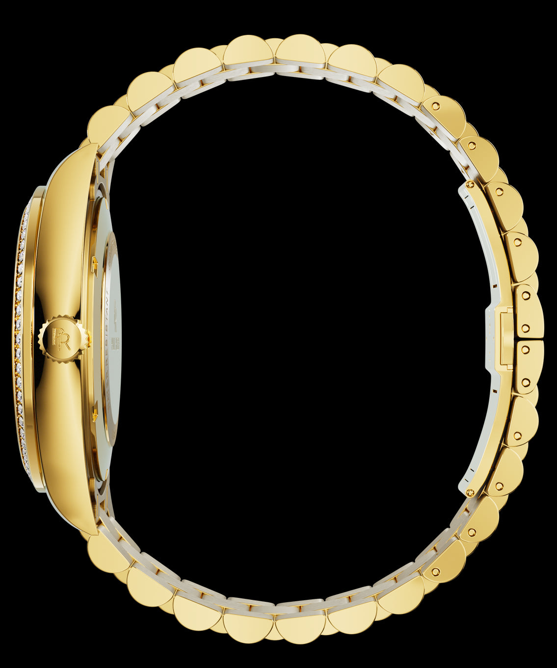 Side view of a gold-tone Paul Rich watch with gem-set bezel, engraved crown, and fully closed gold link bracelet, displayed in a circular position. Side view of a gold-tone Paul Rich watch with gem-set bezel, engraved crown, and fully closed gold link bracelet, displayed in a circular position.