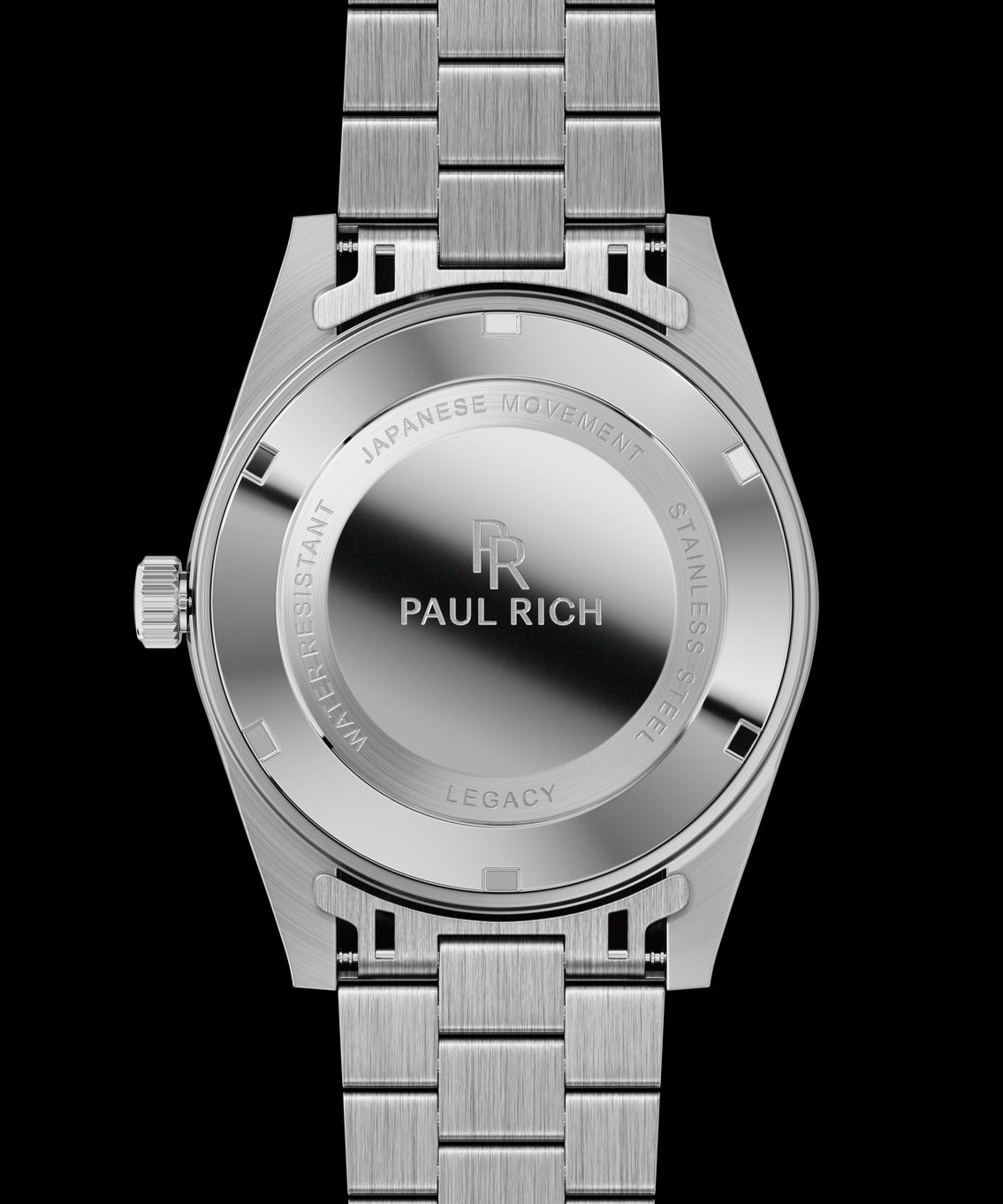 Back view of a silver Paul Rich watch showing a brushed stainless steel case back engraved with branding and product details. Back view of a silver Paul Rich watch showing a brushed stainless steel case back engraved with branding and product details.