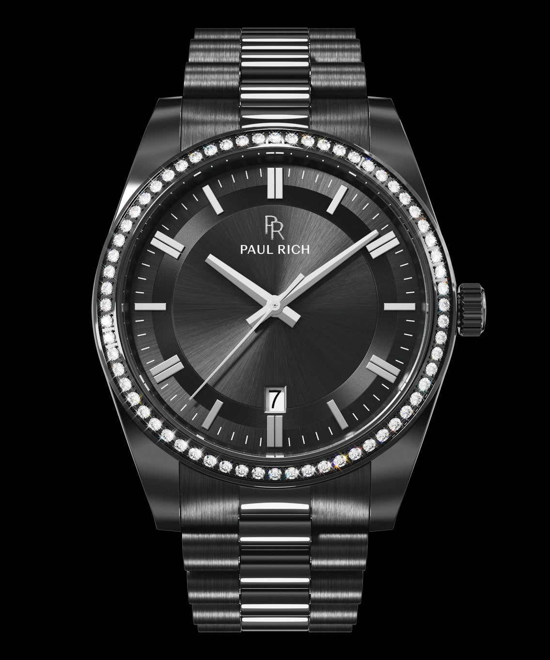 Front view of a black Paul Rich watch with a black sunray dial, diamond-set bezel, silver-tone hour markers and hands, date display at 6 o'clock, and a black and silver metal bracelet. Front view of a black Paul Rich watch with a black sunray dial, diamond-set bezel, silver-tone hour markers and hands, date display at 6 o'clock, and a black and silver metal bracelet.