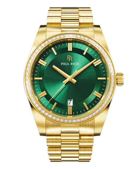 Legacy Gold Green Front view of a gold-tone Paul Rich watch with a green sunray dial, diamond-set bezel, gold hour markers and hands, date display at 6 o'clock, and gold link bracelet.