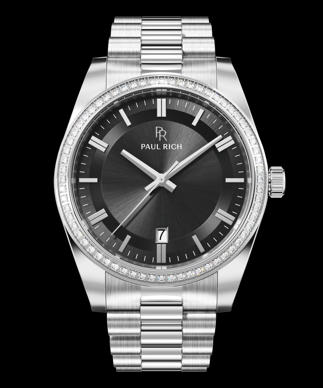 Front view of a silver-tone Paul Rich watch with black sunray dial, diamond-set bezel, silver hour markers and hands, date display at 6 o'clock, and silver link bracelet. Front view of a silver-tone Paul Rich watch with black sunray dial, diamond-set bezel, silver hour markers and hands, date display at 6 o'clock, and silver link bracelet.