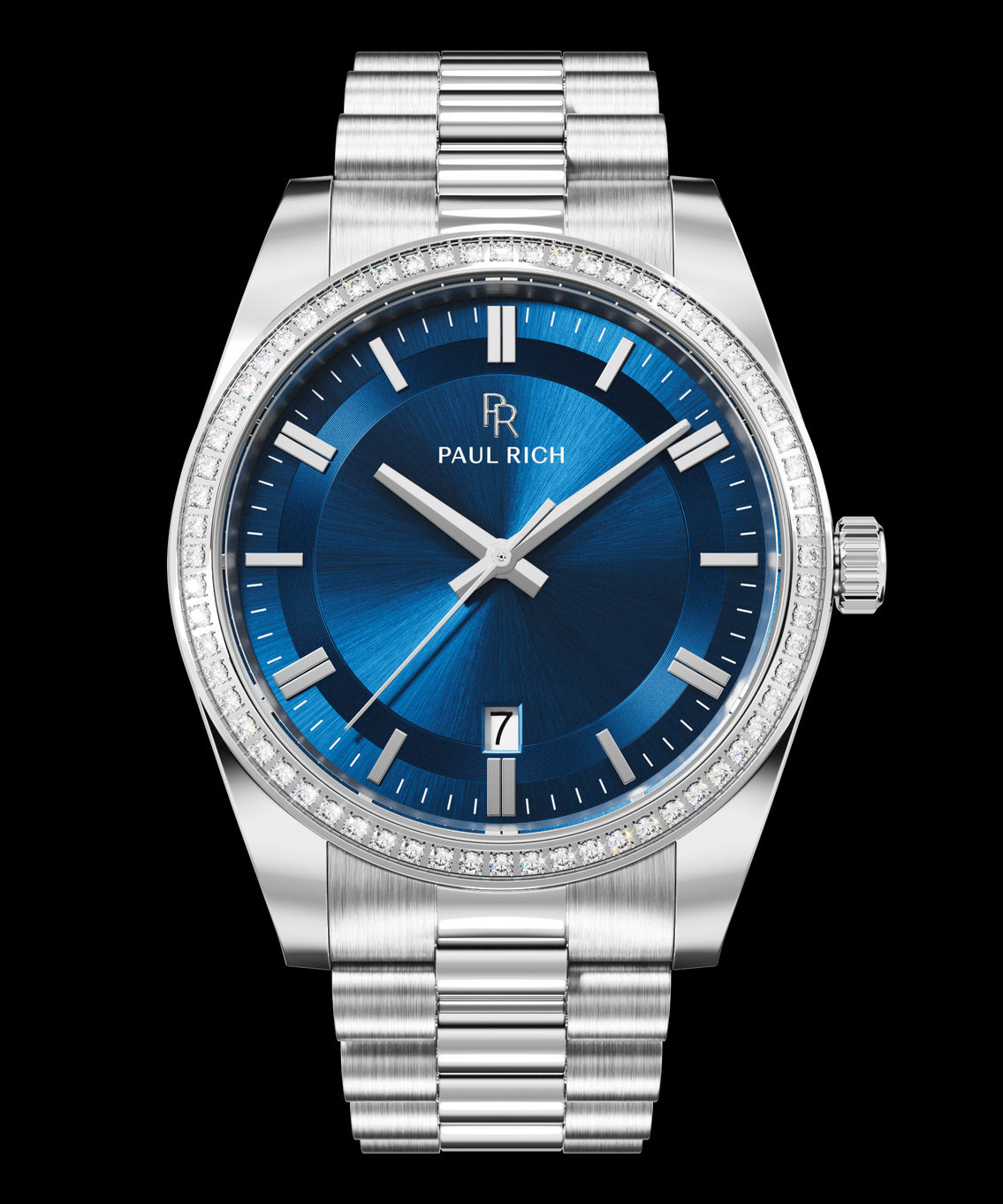 Front view of a silver-tone Paul Rich watch with deep blue sunray dial, diamond-set bezel, silver hour markers and hands, date display at 6 o'clock, and silver link bracelet. Front view of a silver-tone Paul Rich watch with deep blue sunray dial, diamond-set bezel, silver hour markers and hands, date display at 6 o'clock, and silver link bracelet.