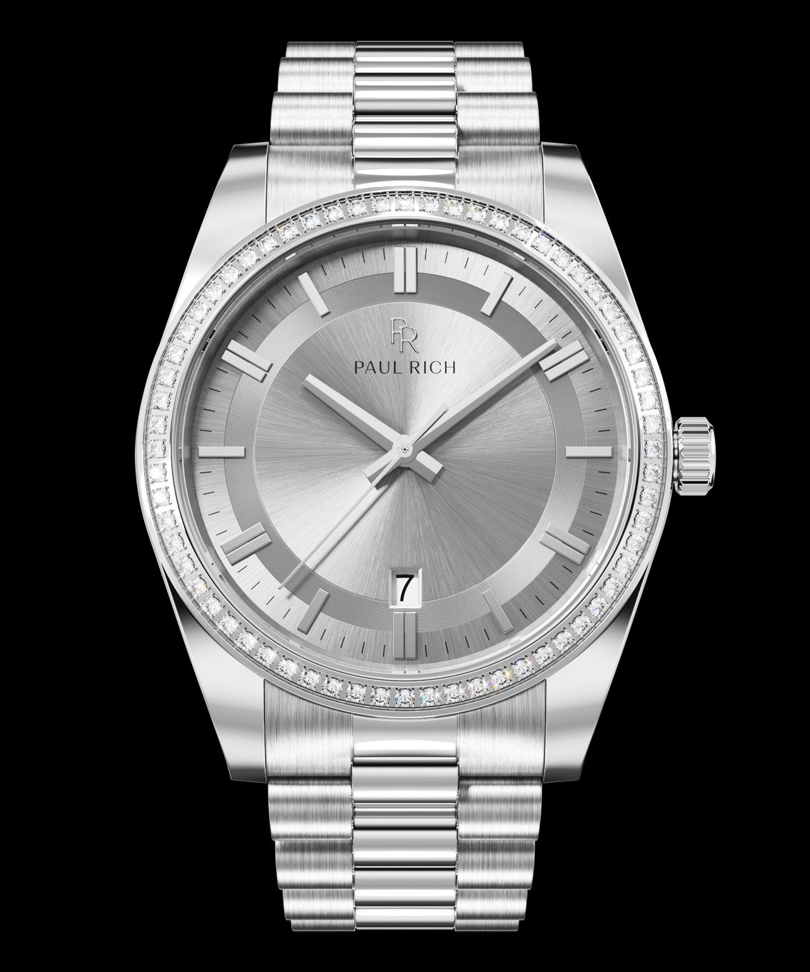 Front view of a silver-tone Paul Rich watch with silver sunray dial, diamond-set bezel, silver hour markers and hands, date display at 6 o'clock, and silver link bracelet. Front view of a silver-tone Paul Rich watch with silver sunray dial, diamond-set bezel, silver hour markers and hands, date display at 6 o'clock, and silver link bracelet.
