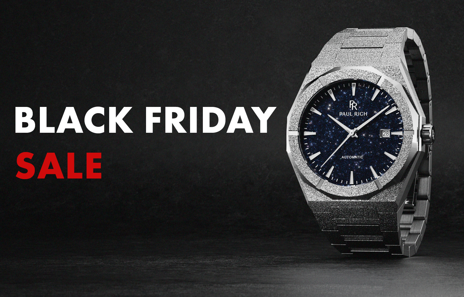 Frosted Star Dust automatic watch with a deep blue aventurine dial shown beside bold Black Friday Sale text on a dark background. Frosted Star Dust automatic watch with a deep blue aventurine dial shown beside bold Black Friday Sale text on a dark background.