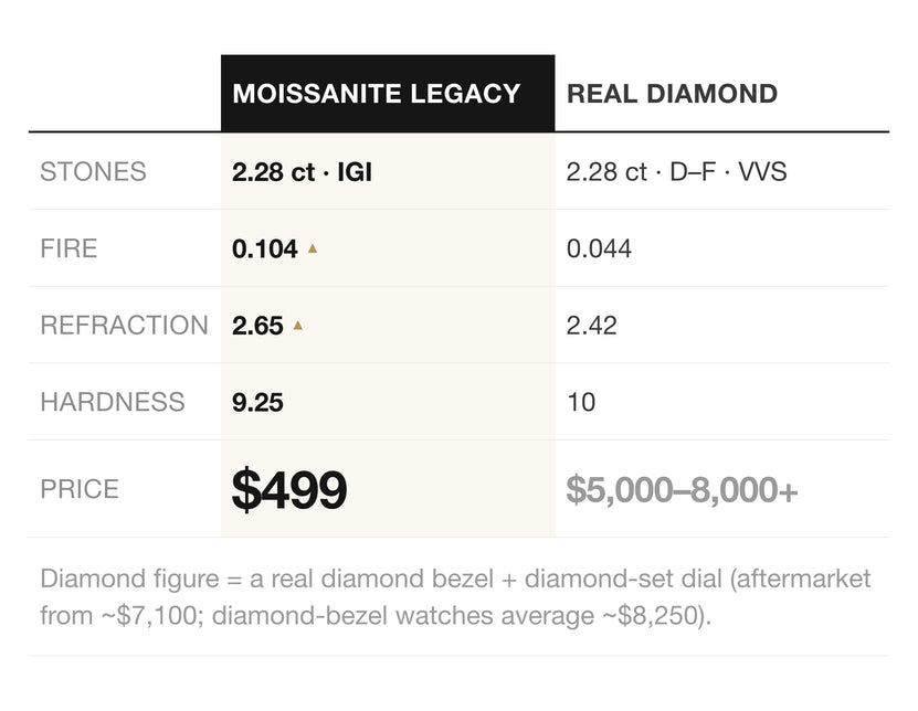 Moissanite Legacy vs diamond — carats, fire, refractive index, hardness and price compared Moissanite Legacy vs diamond — carats, fire, refractive index, hardness and price compared