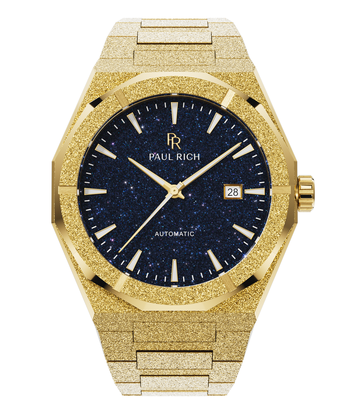 Gold frosted Paul Rich watch with deep blue aventurine dial, gold hands and markers, date window at 3 o'clock, “Automatic” label. Gold frosted Paul Rich watch with deep blue aventurine dial, gold hands and markers, date window at 3 o'clock, “Automatic” label.