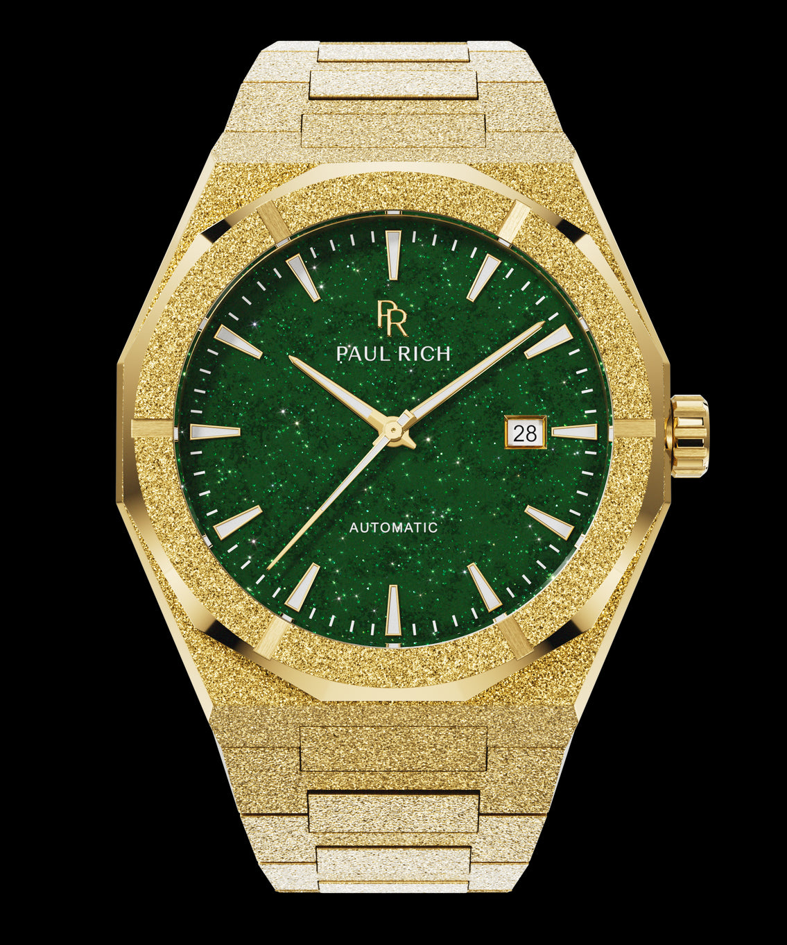 Gold frosted watch with green aventurine dial, gold hands and markers, date window at 3 o'clock, Paul Rich branding centered. Gold frosted watch with green aventurine dial, gold hands and markers, date window at 3 o'clock, Paul Rich branding centered.