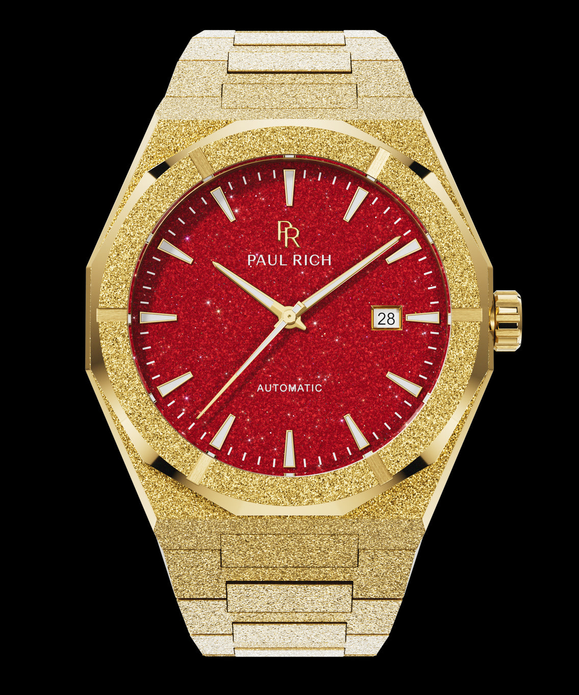 Gold frosted watch with red aventurine dial, gold hands and markers, date window at 3 o'clock, Paul Rich logo at center. Gold frosted watch with red aventurine dial, gold hands and markers, date window at 3 o'clock, Paul Rich logo at center.