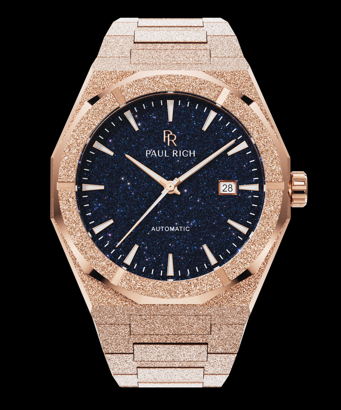 Rose gold frosted Paul Rich automatic watch with blue aventurine dial, date window at 3 o’clock, shown on transparent background. Rose gold frosted Paul Rich automatic watch with blue aventurine dial, date window at 3 o’clock, shown on transparent background.