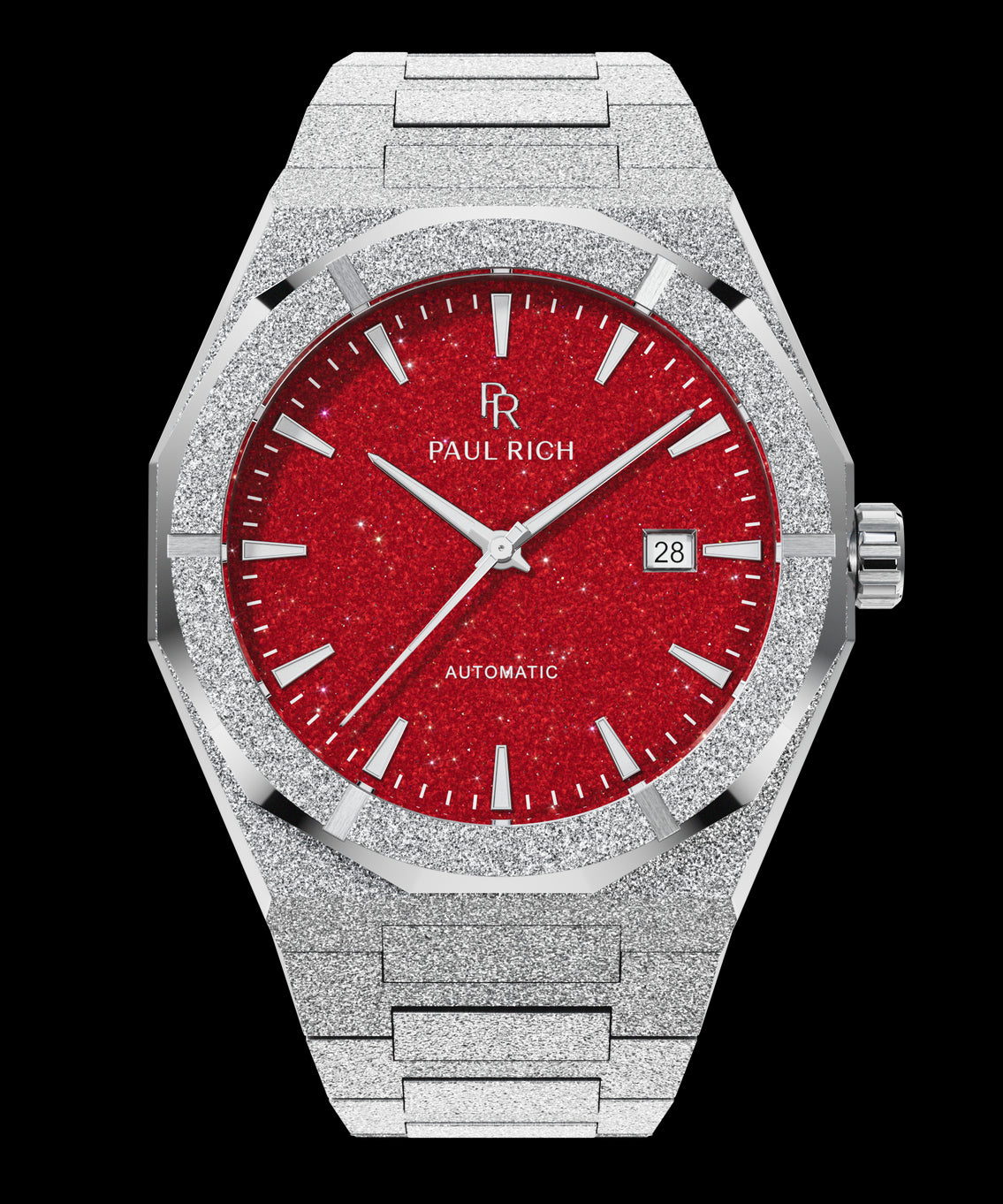 Paul Rich automatic watch with frosted silver case and bracelet, red aventurine dial, silver markers, and a date window at 3 o’clock. Paul Rich automatic watch with frosted silver case and bracelet, red aventurine dial, silver markers, and a date window at 3 o’clock.