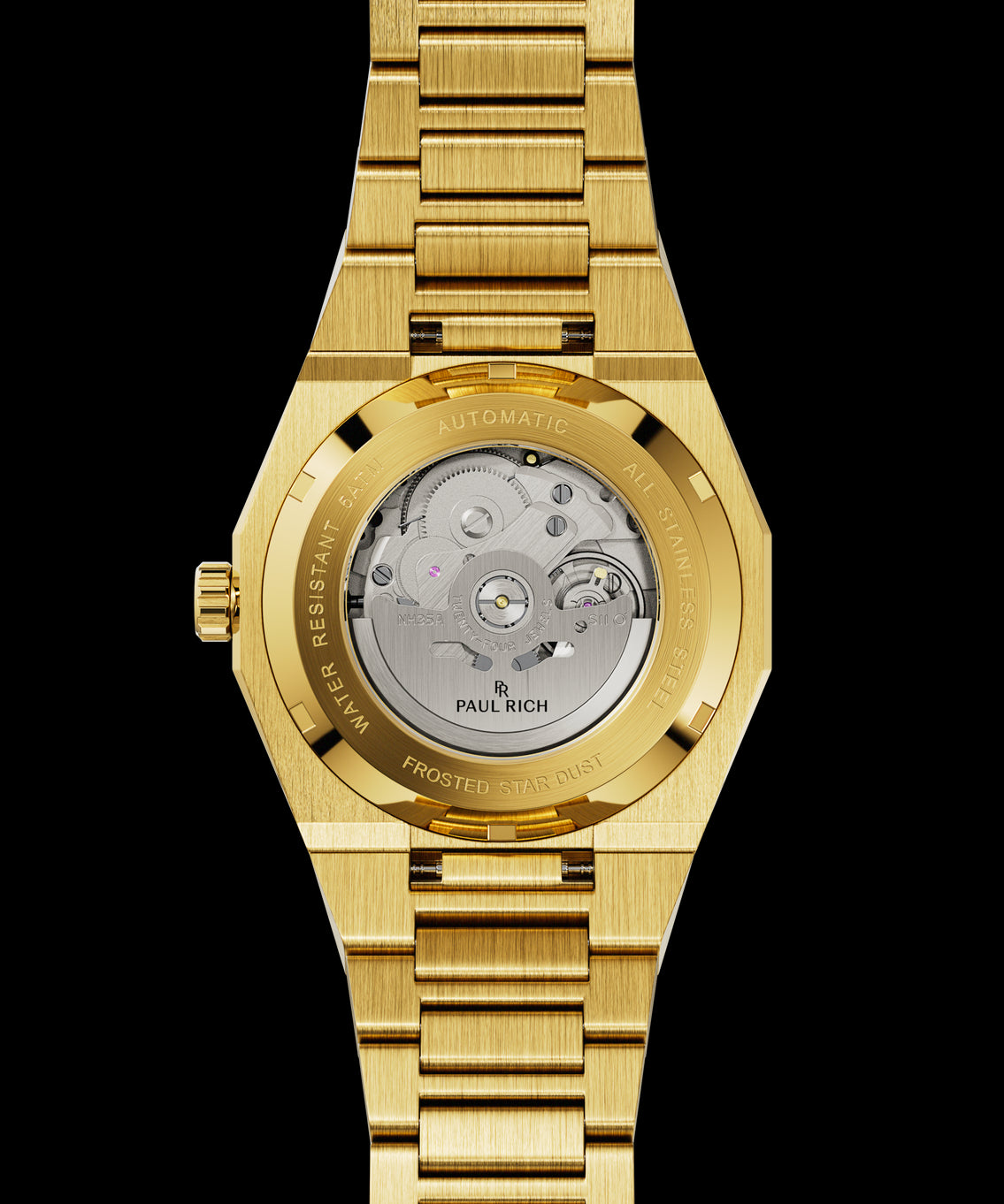Gold watch caseback showing exposed automatic movement with “Paul Rich” logo and “Frosted Star Dust” engraved on the rim. Gold watch caseback showing exposed automatic movement with “Paul Rich” logo and “Frosted Star Dust” engraved on the rim.