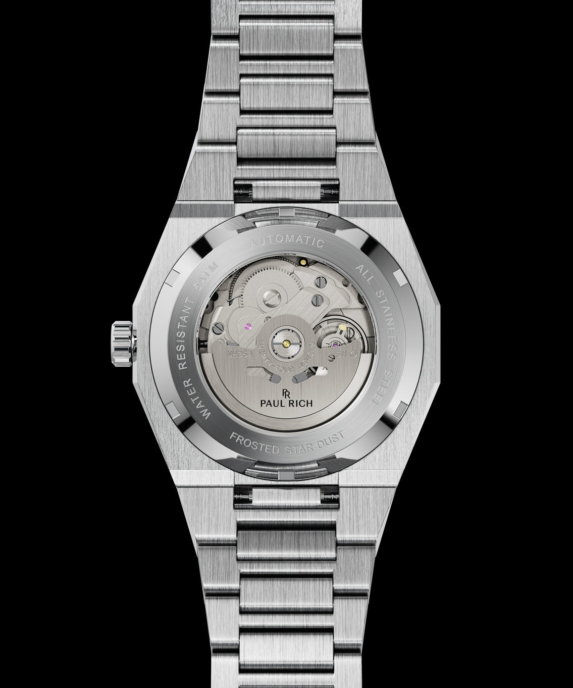 Back view of Paul Rich Frosted Star Dust watch with brushed steel bracelet and open caseback revealing automatic movement. Back view of Paul Rich Frosted Star Dust watch with brushed steel bracelet and open caseback revealing automatic movement.