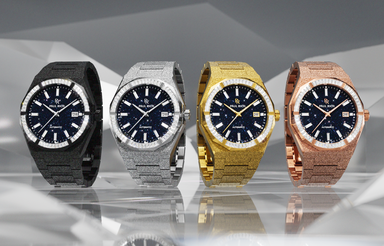 Four MoissaniFrosted Star Dust II watches in black, silver, gold, and rose gold, displayed on reflective crystal surfaces. Four MoissaniFrosted Star Dust II watches in black, silver, gold, and rose gold, displayed on reflective crystal surfaces.