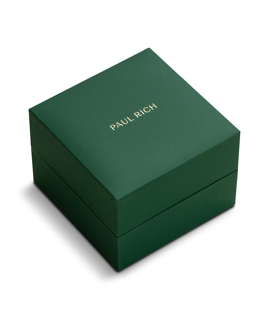 Dark green square watch box with gold “PAUL RICH” lettering on the lid, shown closed on a white background. Dark green square watch box with gold “PAUL RICH” lettering on the lid, shown closed on a white background.