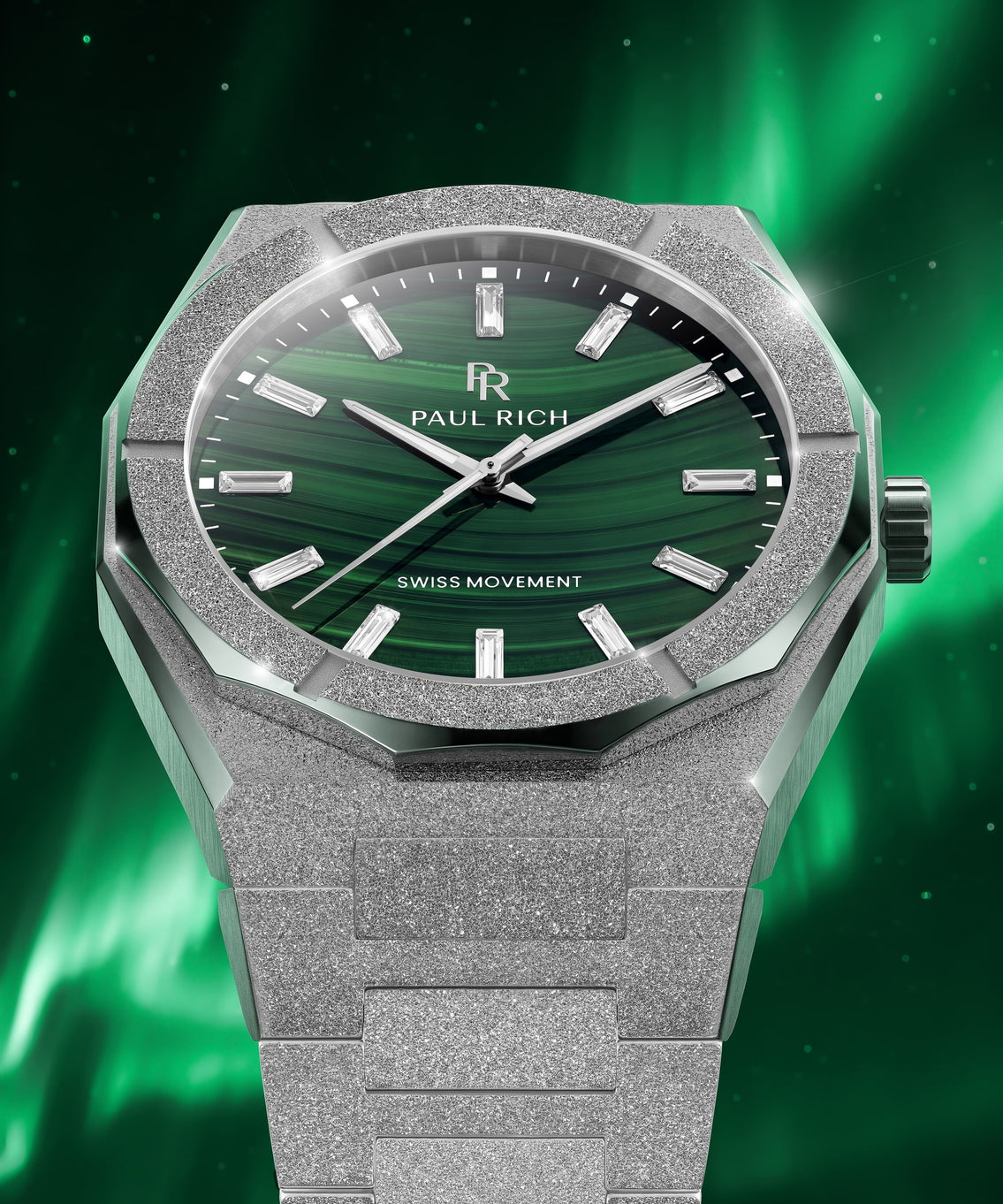 Frosted Star Dust II Malachite Aurora Silver, front view of the green malachite dial under the northern lights Frosted Star Dust II Malachite Aurora Silver, front view of the green malachite dial under the northern lights