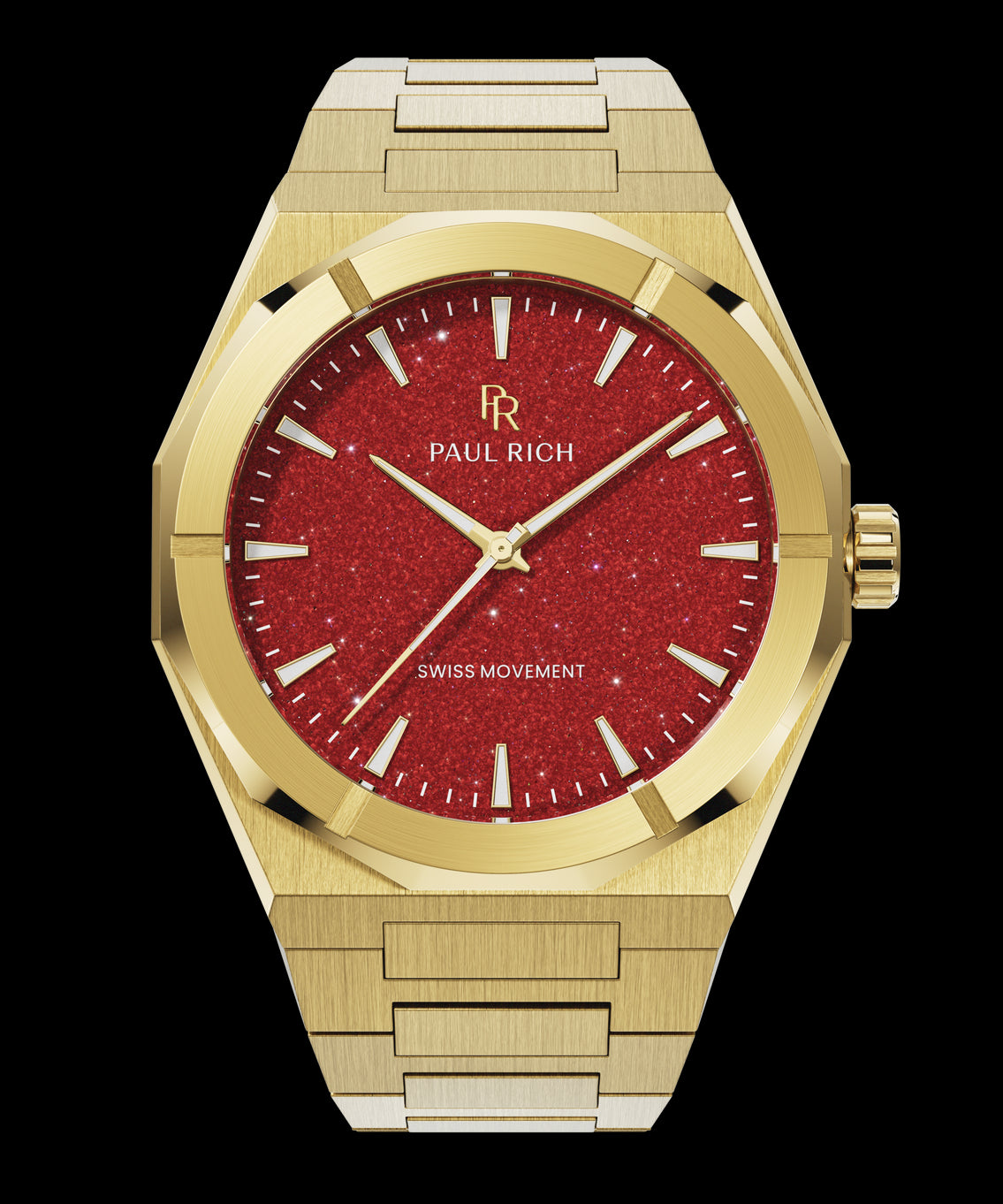 Gold Paul Rich watch with a shimmering red aventurine dial, shown on a transparent background with brushed gold bracelet and case. Gold Paul Rich watch with a shimmering red aventurine dial, shown on a transparent background with brushed gold bracelet and case.