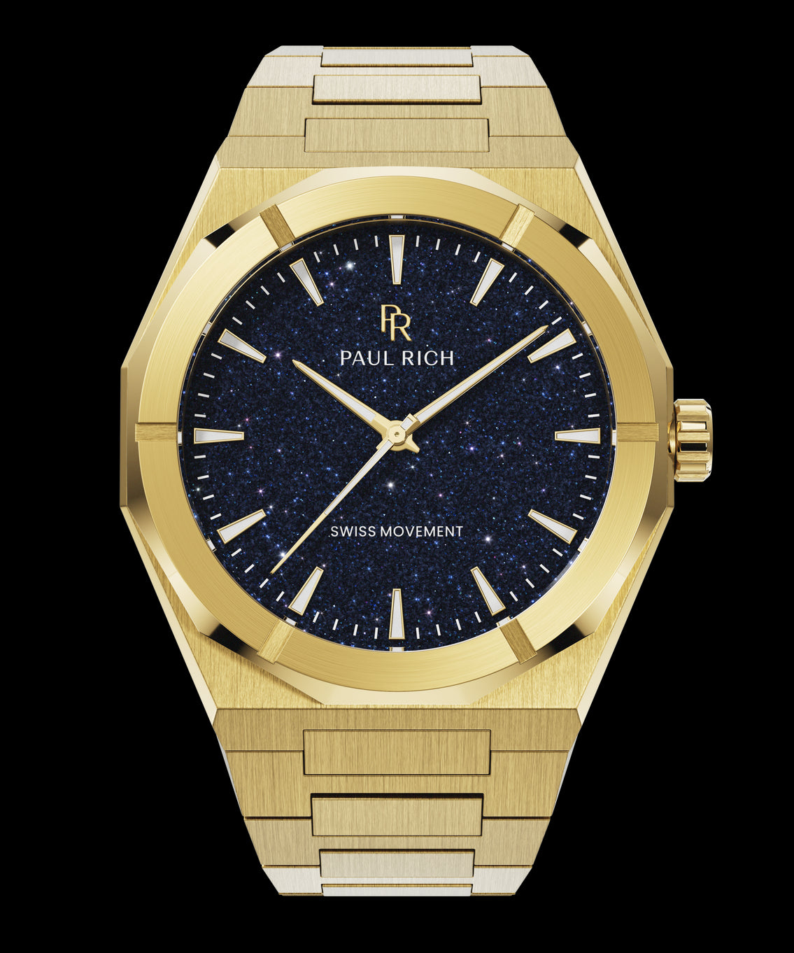 Gold Paul Rich watch with a deep blue aventurine dial, shown on a transparent background with brushed gold case and bracelet. Gold Paul Rich watch with a deep blue aventurine dial, shown on a transparent background with brushed gold case and bracelet.