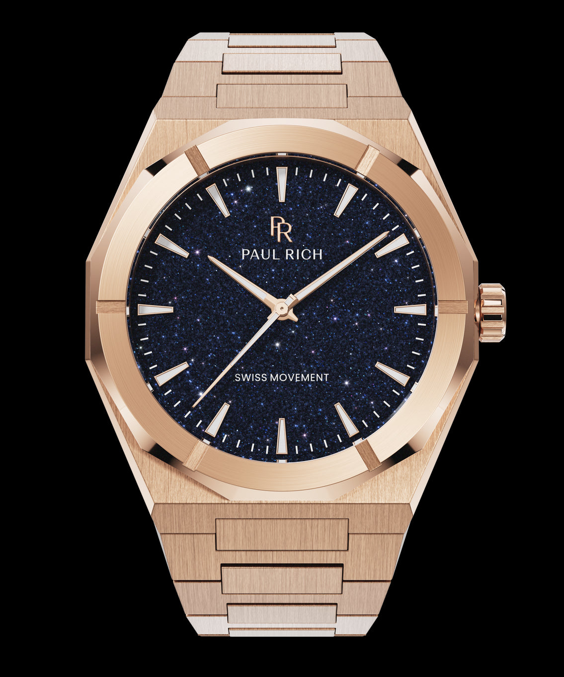Rose gold Paul Rich watch with a deep blue aventurine dial, shown on a transparent background with brushed metal case and bracelet. Rose gold Paul Rich watch with a deep blue aventurine dial, shown on a transparent background with brushed metal case and bracelet.