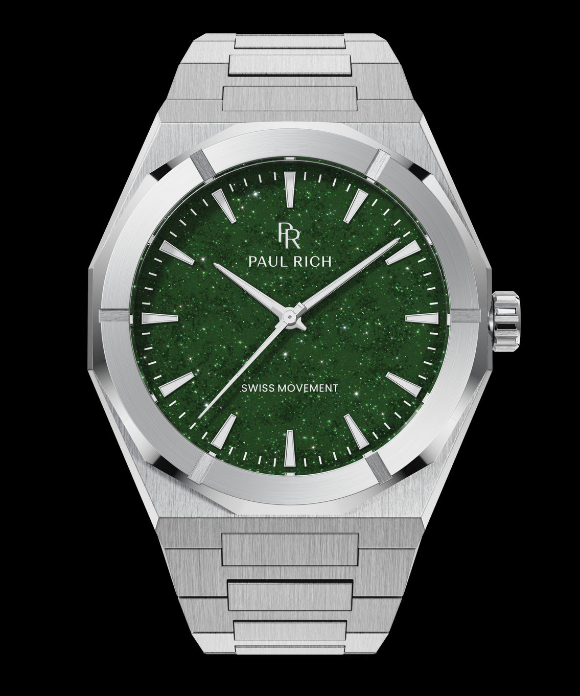 Silver Paul Rich watch with a shimmering green aventurine dial, shown on a transparent background with brushed steel case and bracelet. Silver Paul Rich watch with a shimmering green aventurine dial, shown on a transparent background with brushed steel case and bracelet.