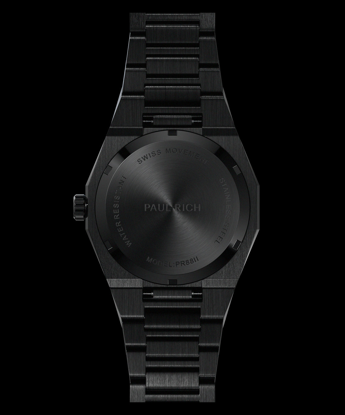 Back view of Paul Rich black brushed steel watch showing caseback with Swiss Movement and model PR88II engraved. Back view of Paul Rich black brushed steel watch showing caseback with Swiss Movement and model PR88II engraved.