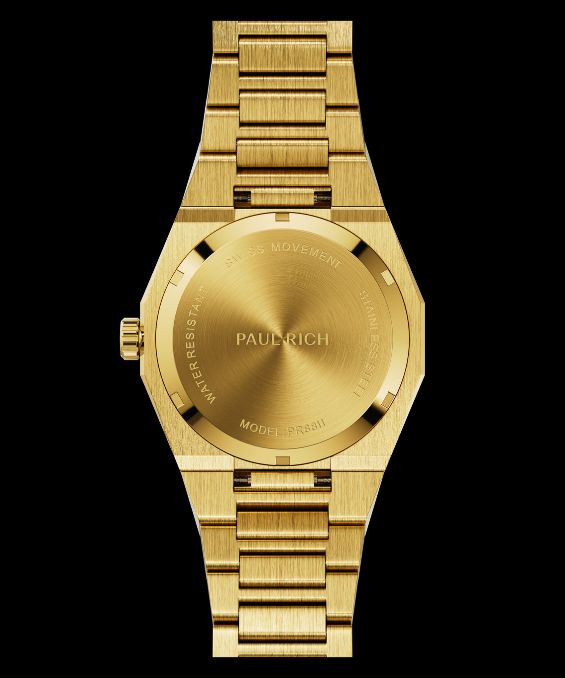 Back view of Paul Rich gold watch showing brushed caseback with Swiss Movement engraving and model PR88II. Back view of Paul Rich gold watch showing brushed caseback with Swiss Movement engraving and model PR88II.