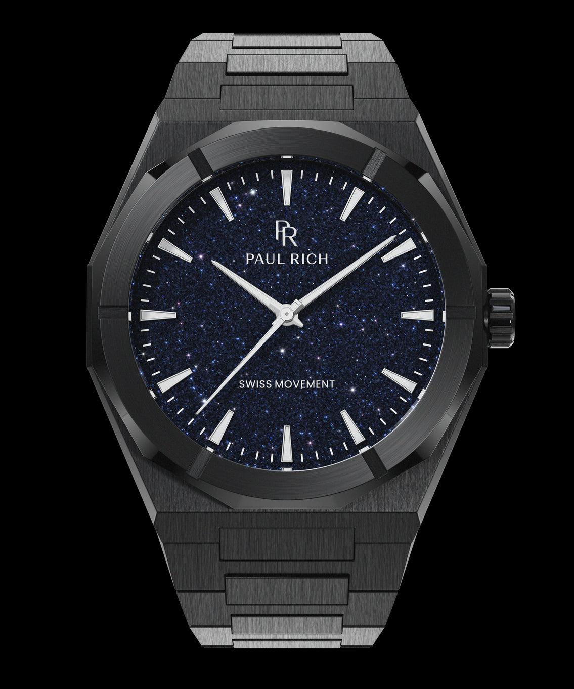Black Paul Rich watch with a deep blue aventurine dial, shown on a transparent background with brushed black metal case and bracelet. Black Paul Rich watch with a deep blue aventurine dial, shown on a transparent background with brushed black metal case and bracelet.