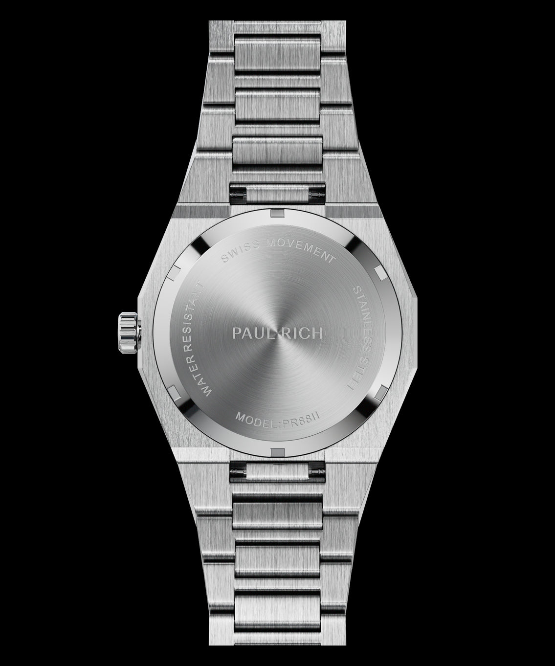 Back view of a silver wristwatch with a brushed stainless steel case back engraved with “Paul Rich,” “Swiss Movement,” and “Model: PR8II. Back view of a silver wristwatch with a brushed stainless steel case back engraved with “Paul Rich,” “Swiss Movement,” and “Model: PR8II.