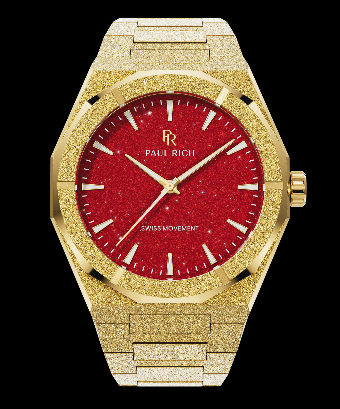 Gold frosted watch with bold red aventurine dial, gold hands and markers, labeled Swiss Movement, shown on transparent background. Gold frosted watch with bold red aventurine dial, gold hands and markers, labeled Swiss Movement, shown on transparent background.