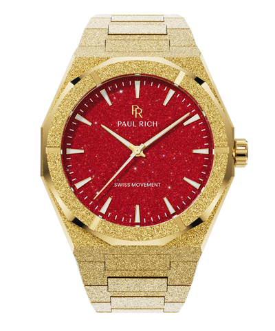 Frosted Star Dust II Oro Rojo Gold frosted watch with bold red aventurine dial, gold hands and markers, labeled Swiss Movement, shown on transparent background.
