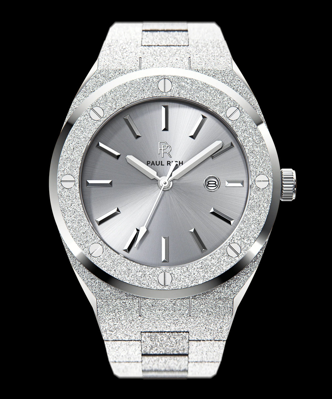 Front view of Paul Rich frosted silver watch with metallic silver sunray dial, date window, and polished silver hour markers. Front view of Paul Rich frosted silver watch with metallic silver sunray dial, date window, and polished silver hour markers.