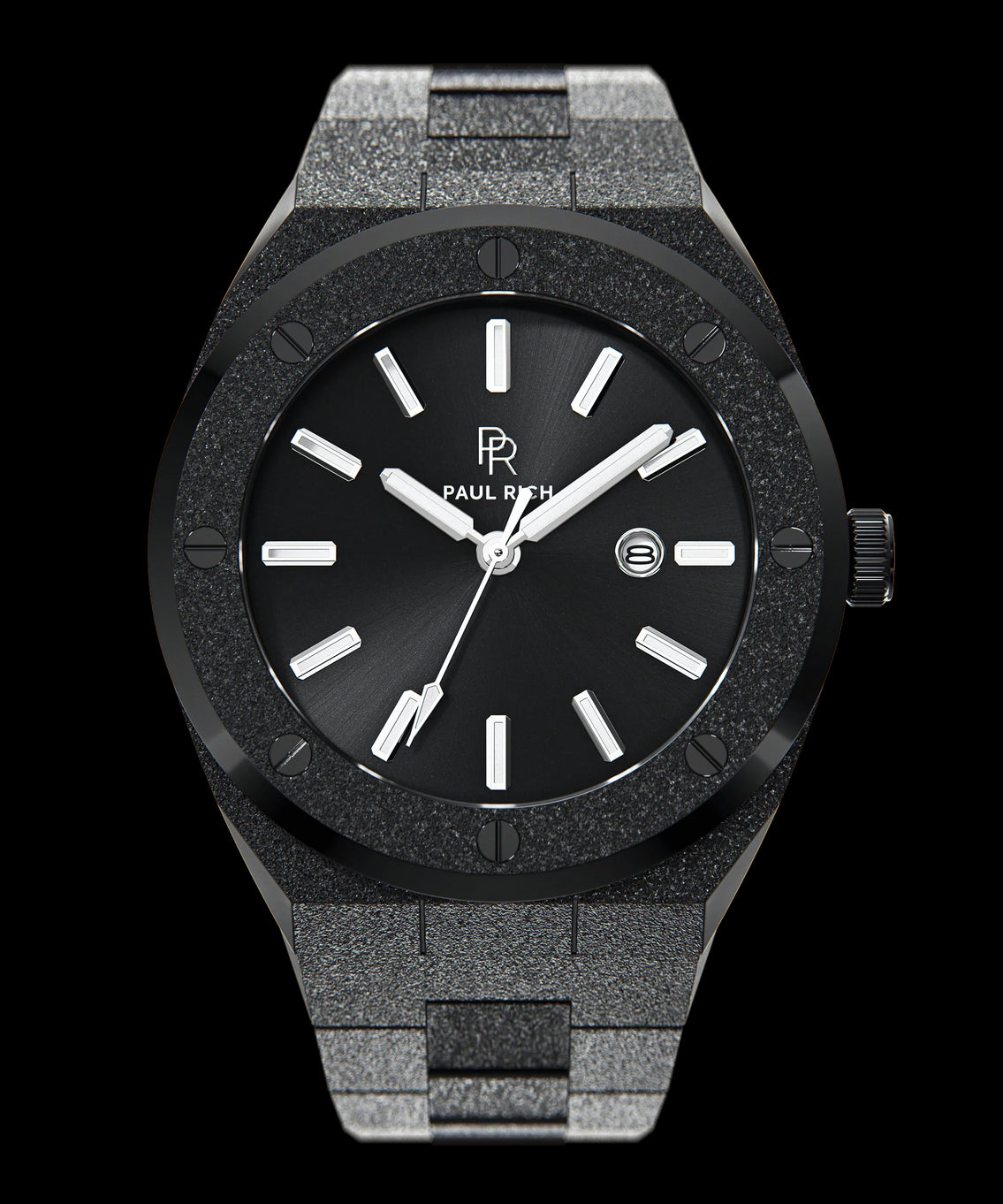Front view of Paul Rich frosted black watch with sunray black dial, silver markers, and date window, shown on transparent background. Front view of Paul Rich frosted black watch with sunray black dial, silver markers, and date window, shown on transparent background.