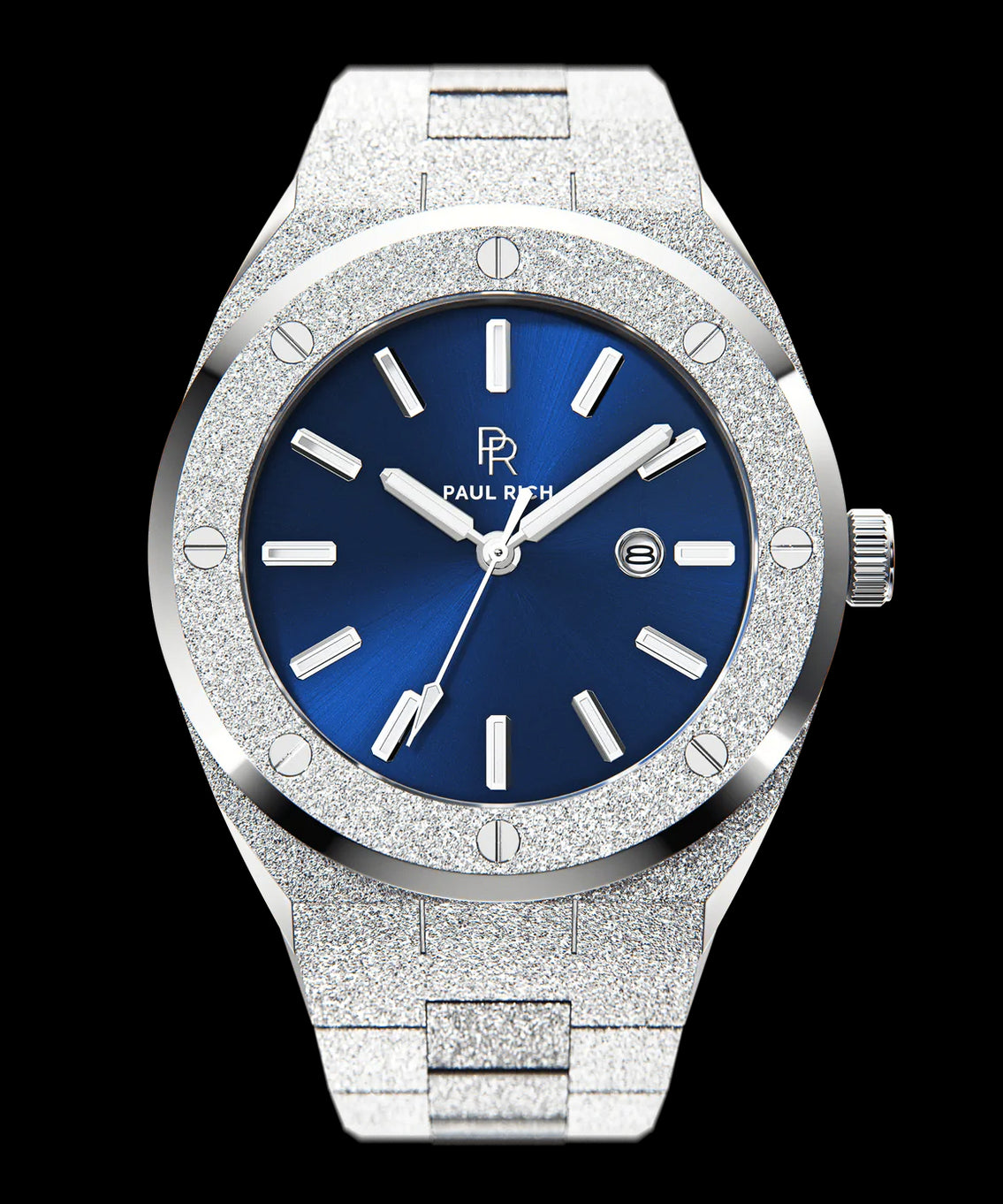 Front view of Paul Rich frosted silver watch with metallic blue sunray dial, silver markers, and date window, on transparent background. Front view of Paul Rich frosted silver watch with metallic blue sunray dial, silver markers, and date window, on transparent background.